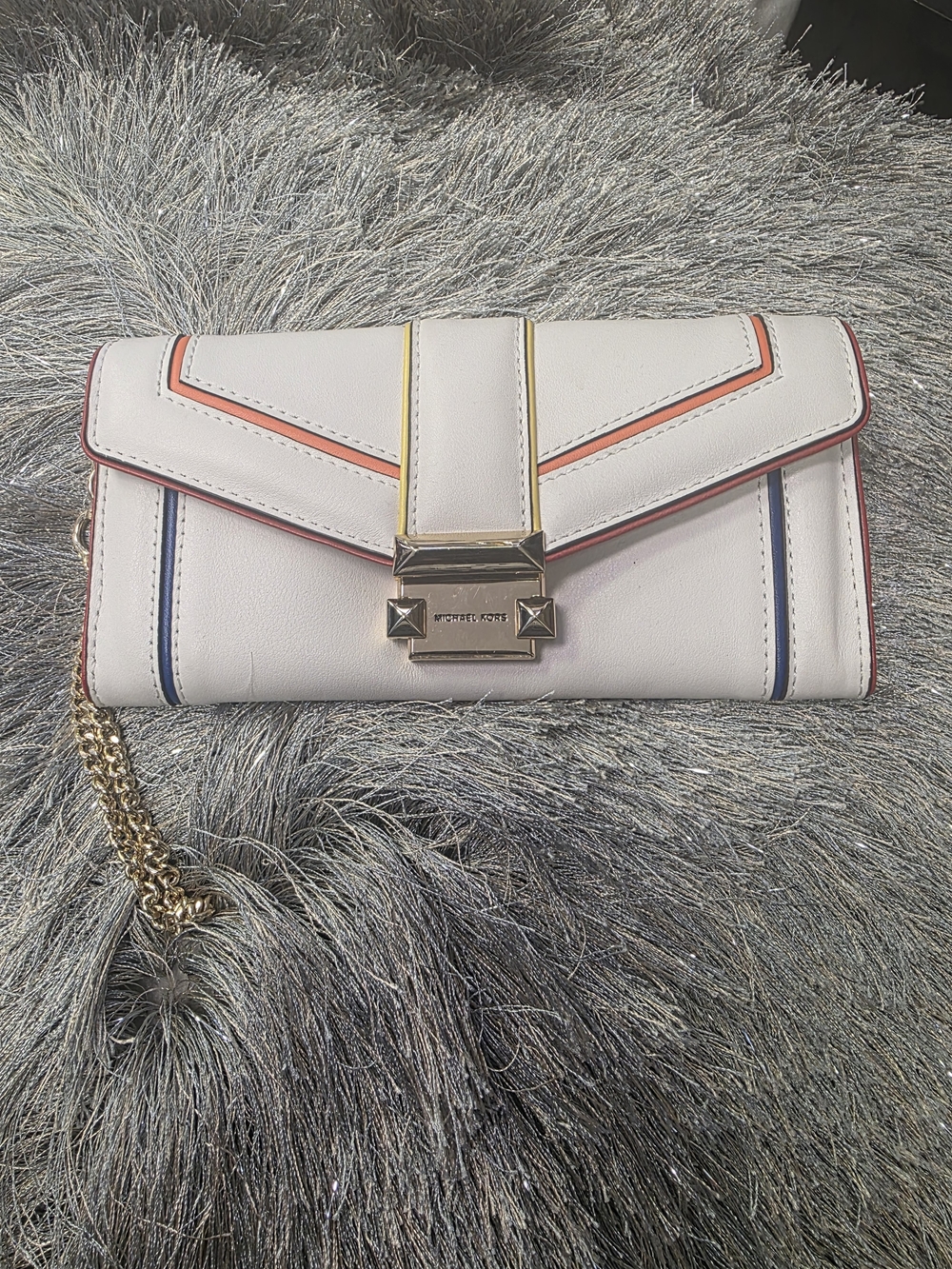 White Chain Wallet Clutch with Multicolor Trim